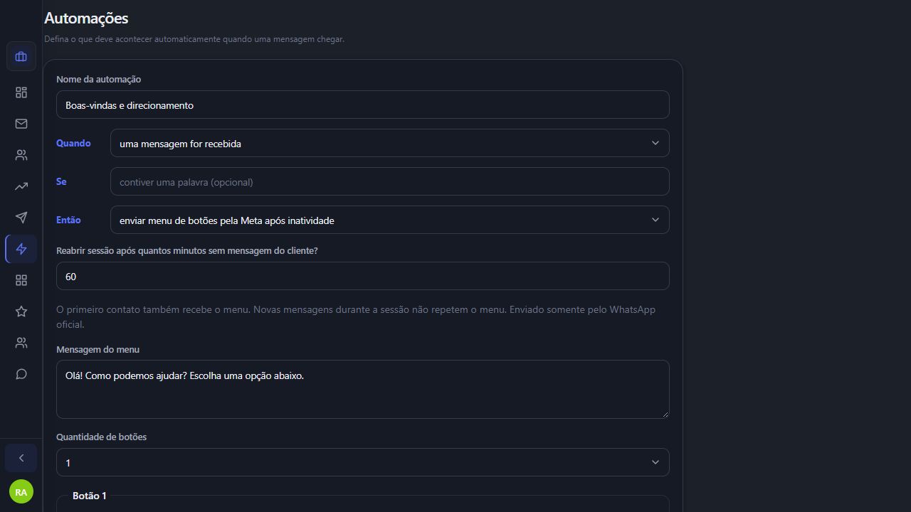 Tela demonstrativa de configuração de automações do DEL CRM, com condições e ações de atendimento.