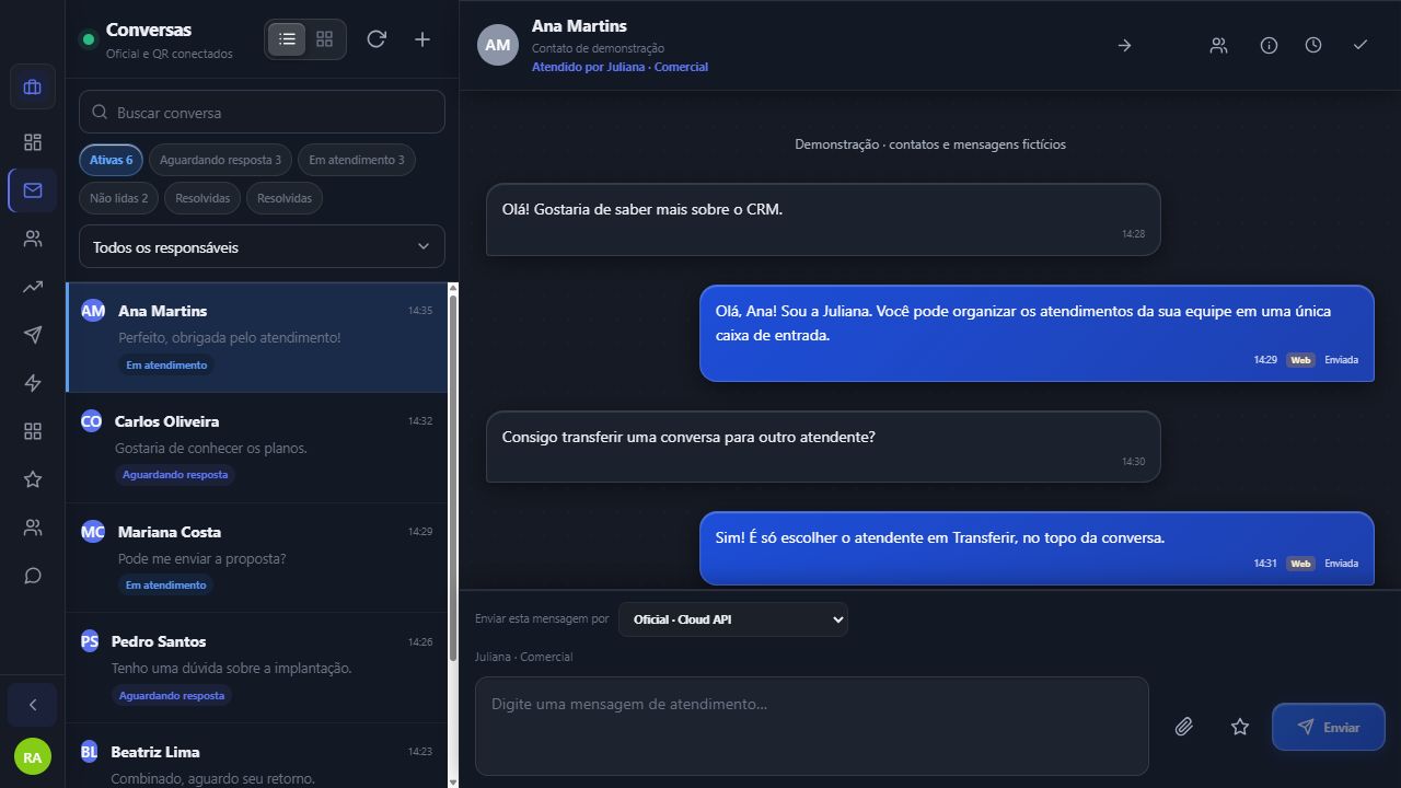 Tela demonstrativa de conversas do DEL CRM com filtros de atendimento, responsável e histórico de mensagens.